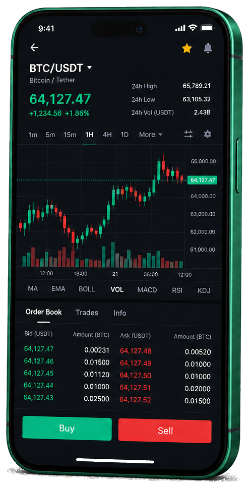 Bereket Invest mobil ticaret uygulaması — gerçek zamanlı BTC/USDT grafik, emir defteri ve işlem ekranı